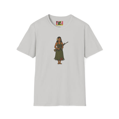 2-sided, Hula Girl Packin' Heat Light colors Unisex T-Shirt by theGreenDragonTavern.shop