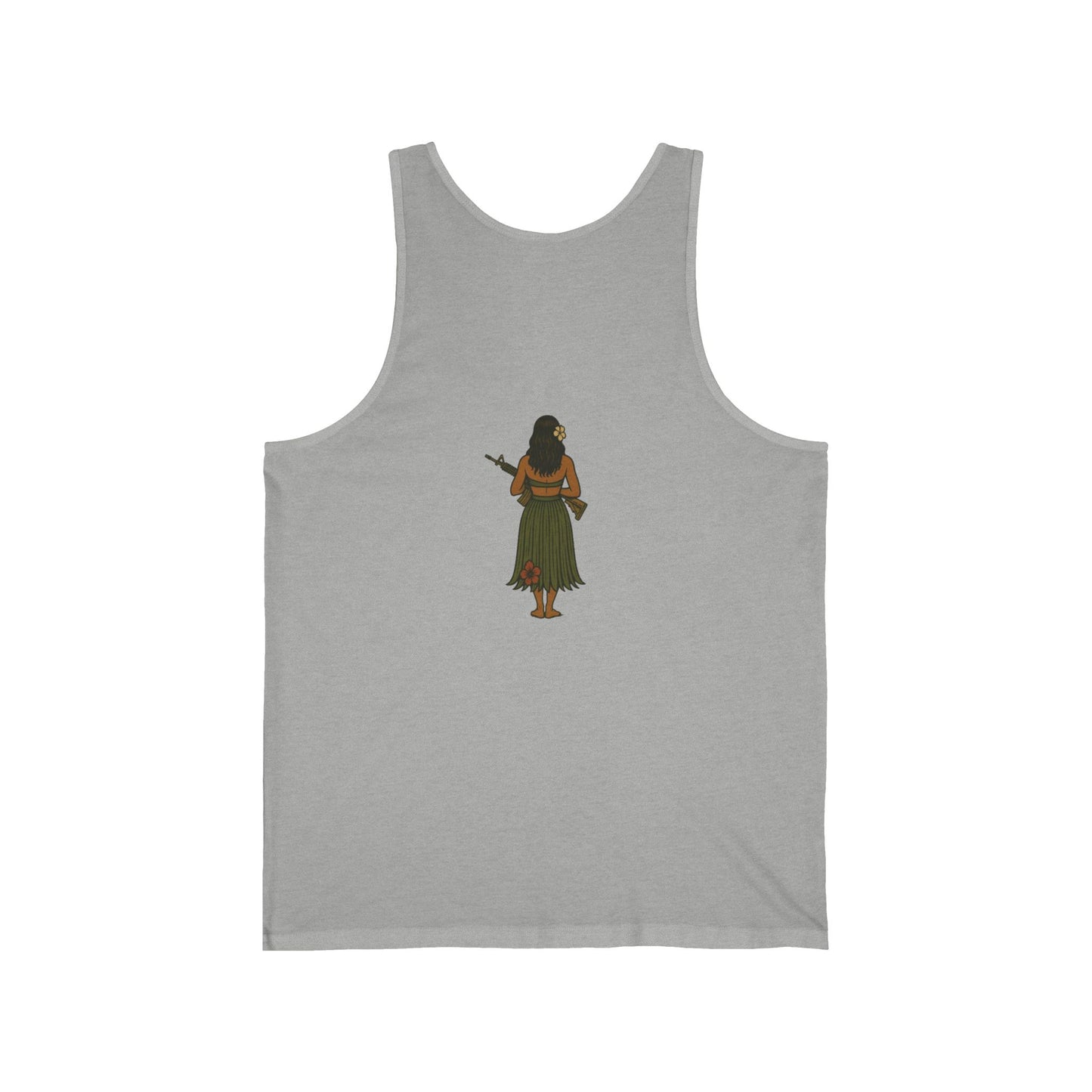 2-sided, Hula Girl Packin' Heat Unisex Jersey Tank Top by theGreenDragonTavern.shop