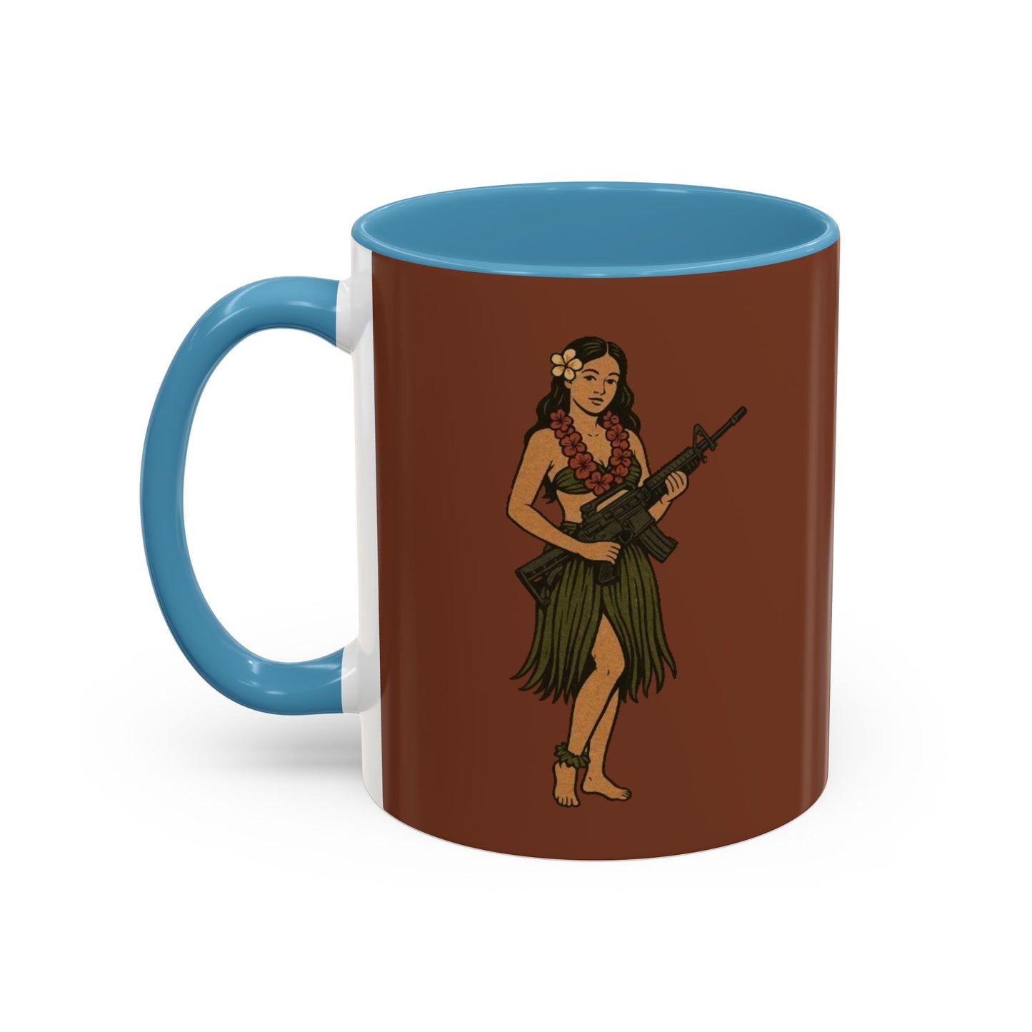 Hula Girl Packin' Heat Brown Accent Mug by theGreenDragonTavern.shop