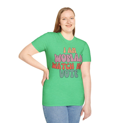 2-sided, I Am Woman Watch Me Vote Dark colors Unisex T-Shirt by theGreenDragonTavern.shop