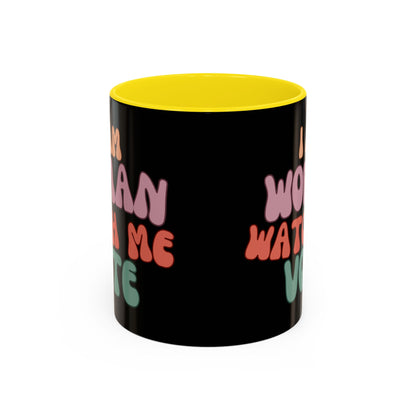 I Am Woman Watch Me Vote Black Accent Mug by theGreenDragonTavern.shop