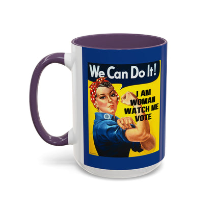 I Am Woman Watch Me Vote Rosie Dark Blue Accent Mug by theGreenDragonTavern.shop