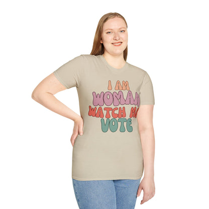 2-sided, I Am Woman Watch Me Vote Light colors Unisex T-Shirt by theGreenDragonTavern.shop