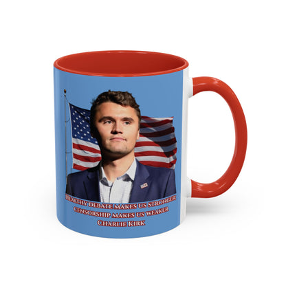 Charlie Kirk, Healthy Debate Light Blue Accent Mug by theGreenDragonTavern.shop
