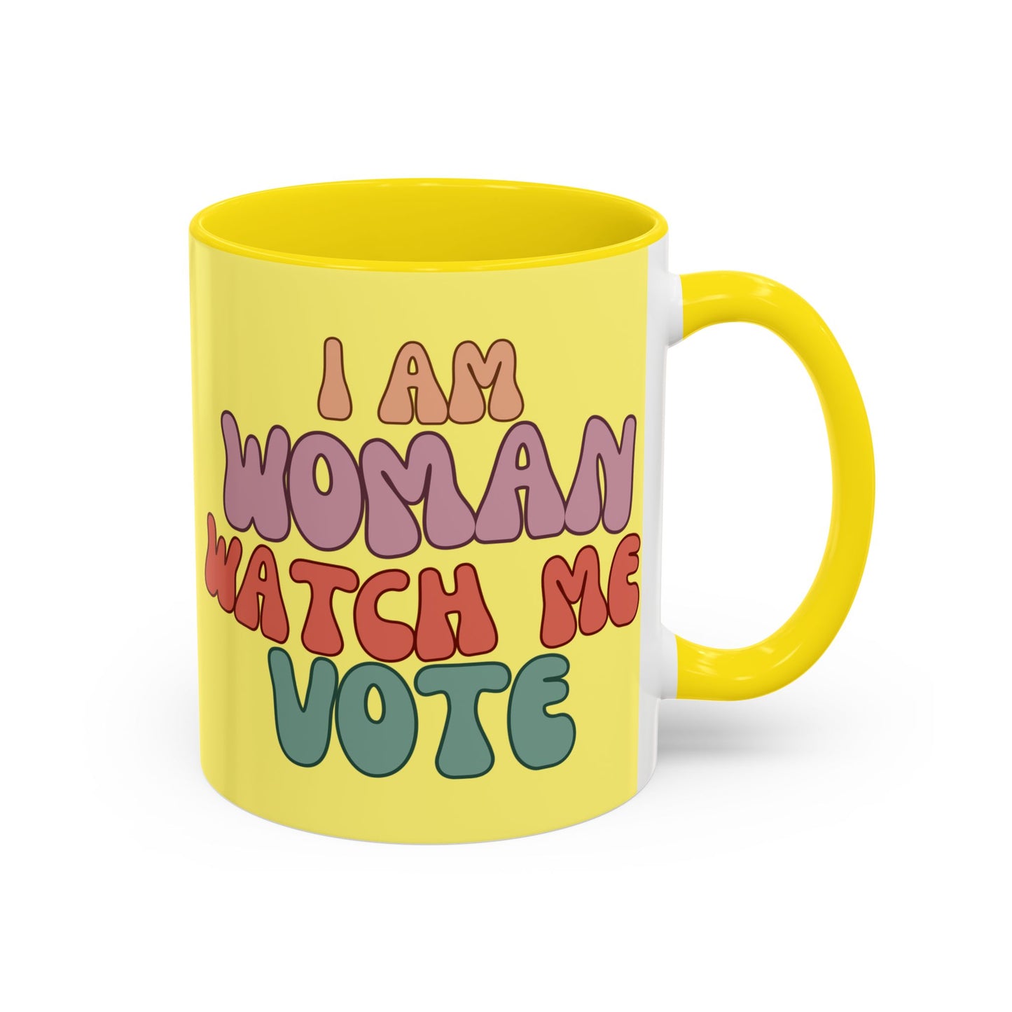 I Am Woman Watch Me Vote Yellow Accent Mug by theGreenDragonTavern.shop