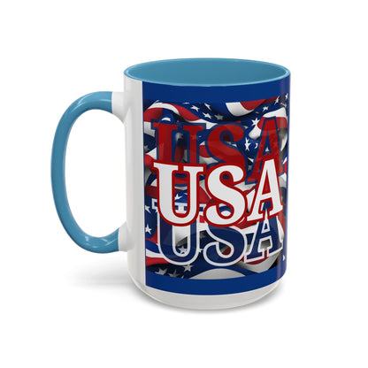 USA White font Center Patriot Blue Accent Mug by theGreenDragonTavern.shop