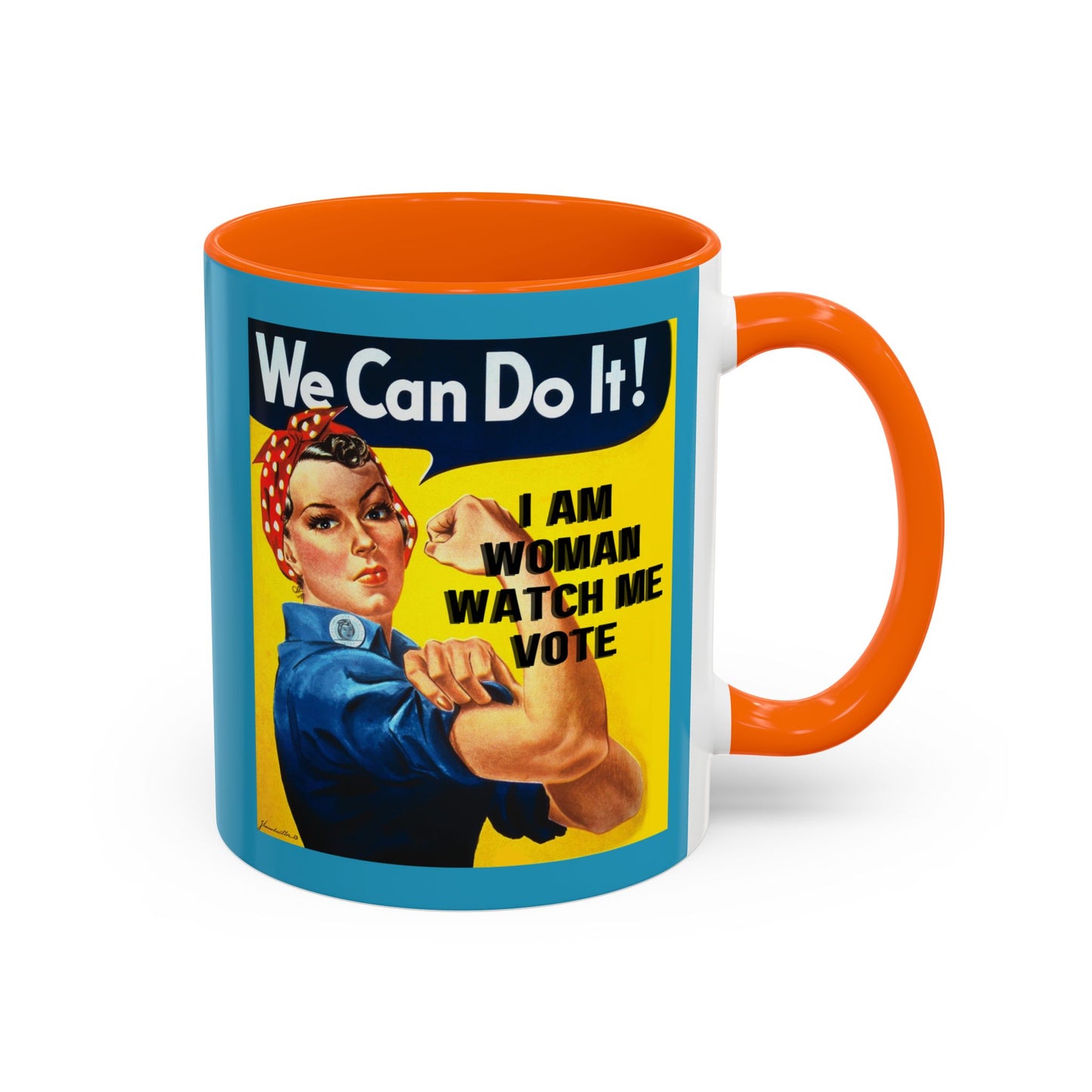 I Am Woman Watch Me Vote Rosie Turquoise Accent Mug by theGreenDragonTavern.shop