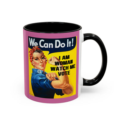 I Am Woman Watch Me Vote Rosie Pink Accent Mug by theGreenDragonTavern.shop