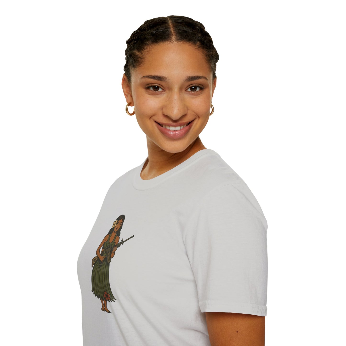 2-sided, Hula Girl Packin' Heat Light colors Unisex T-Shirt by theGreenDragonTavern.shop
