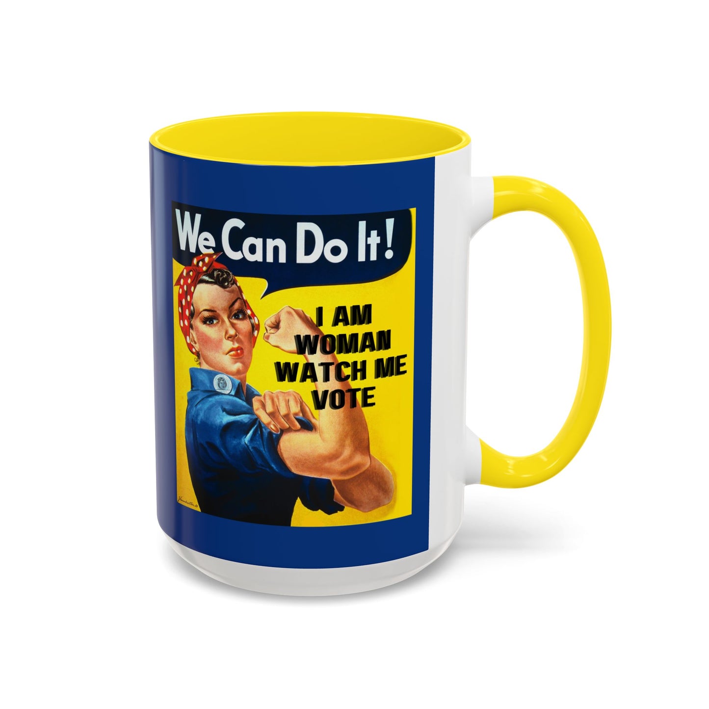 I Am Woman Watch Me Vote Rosie Dark Blue Accent Mug by theGreenDragonTavern.shop