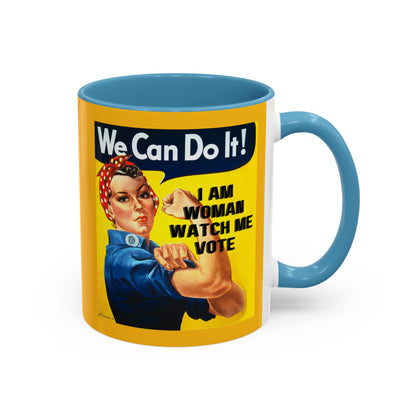 I Am Woman Watch Me Vote Rosie Yellow Accent Mug by theGreenDragonTavern.shop