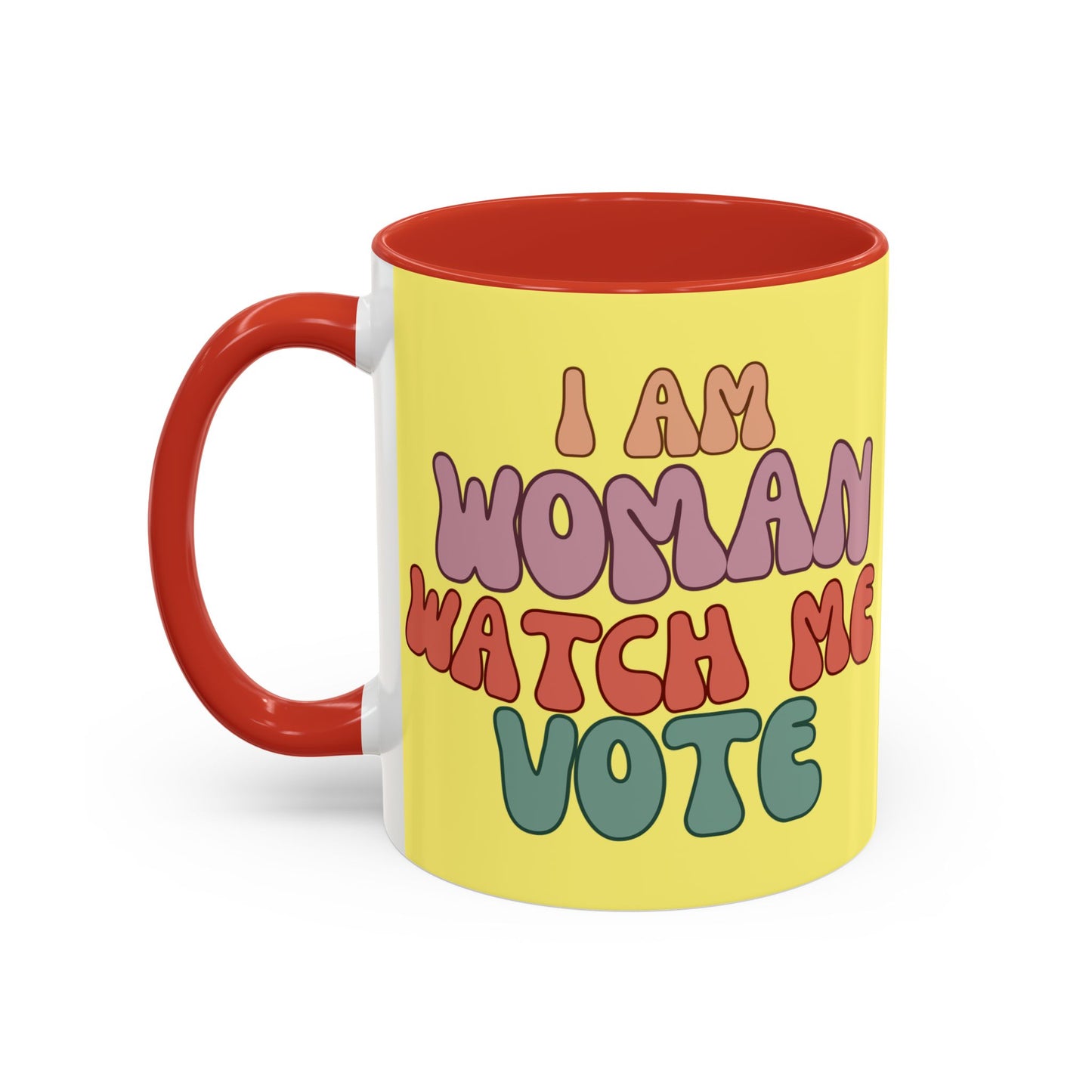 I Am Woman Watch Me Vote Yellow Accent Mug by theGreenDragonTavern.shop