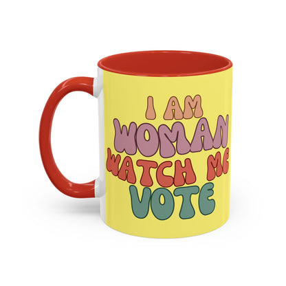 I Am Woman Watch Me Vote Yellow Accent Mug by theGreenDragonTavern.shop