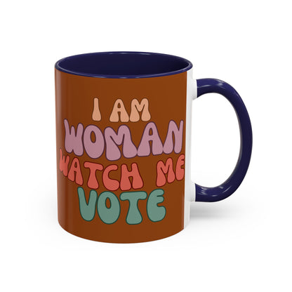 I Am Woman Watch Me Vote Brown Accent Mug by theGreenDragonTavern.shop