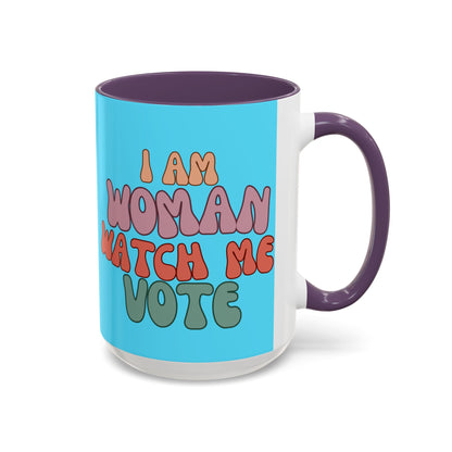 I Am Woman Watch Me Vote Light Blue Accent Mug by theGreenDragonTavern.shop