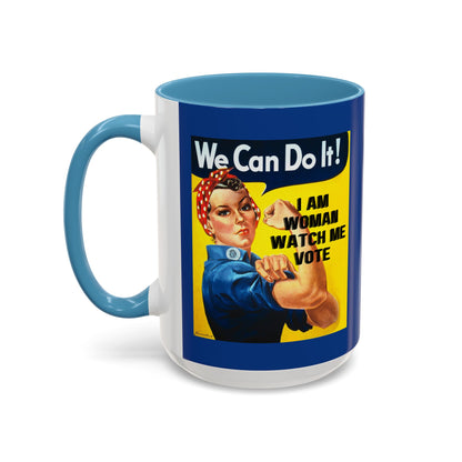 I Am Woman Watch Me Vote Rosie Dark Blue Accent Mug by theGreenDragonTavern.shop