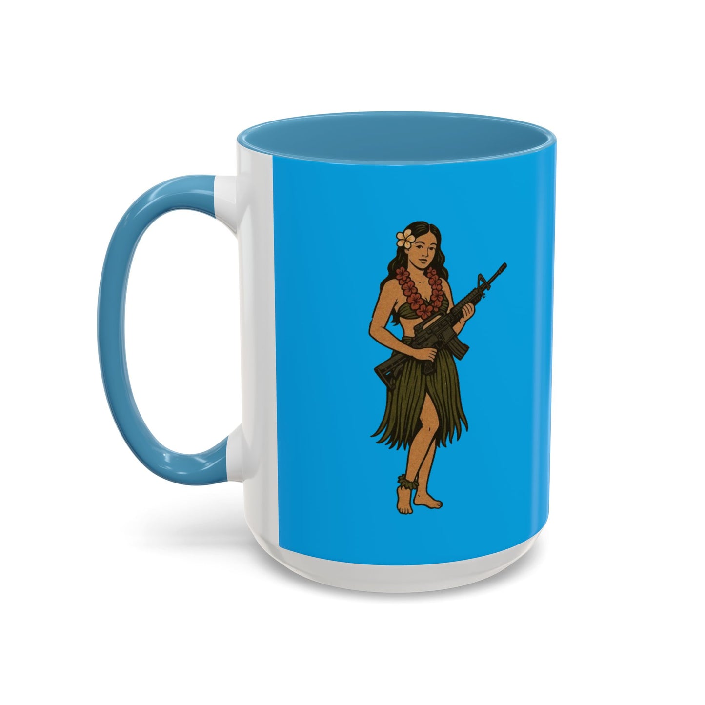 Hula Girl Packin' Heat Light Blue Accent Mug by theGreenDragonTavern.shop