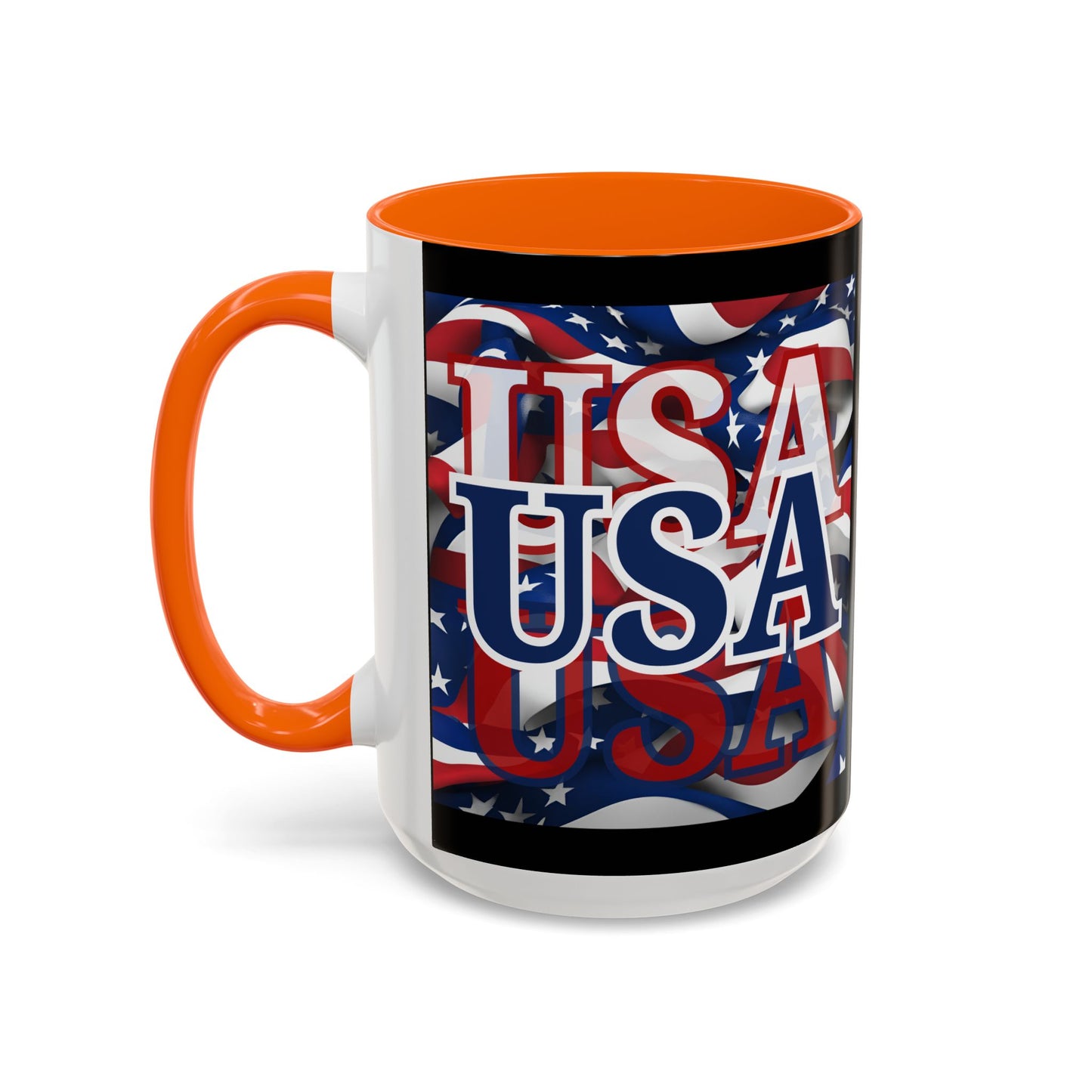 USA Blue font Center Patriot Black Accent Mug by theGreenDragonTavern.shop