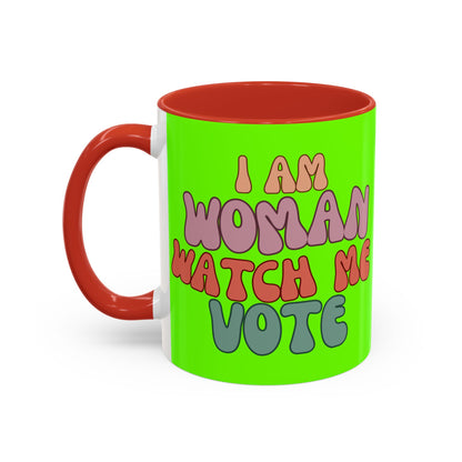 I Am Woman Watch Me Vote Light Green Accent Mug by theGreenDragonTavern.shop