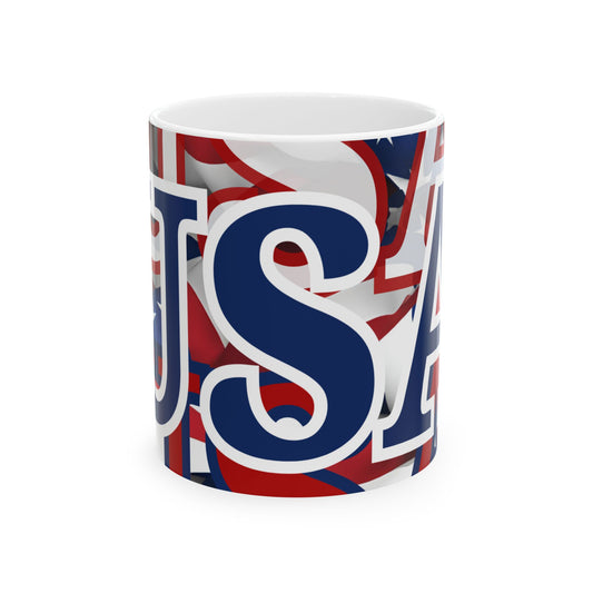 USA! USA! USA Blue font Patriot White Mug by theGreenDragonTavern.shop