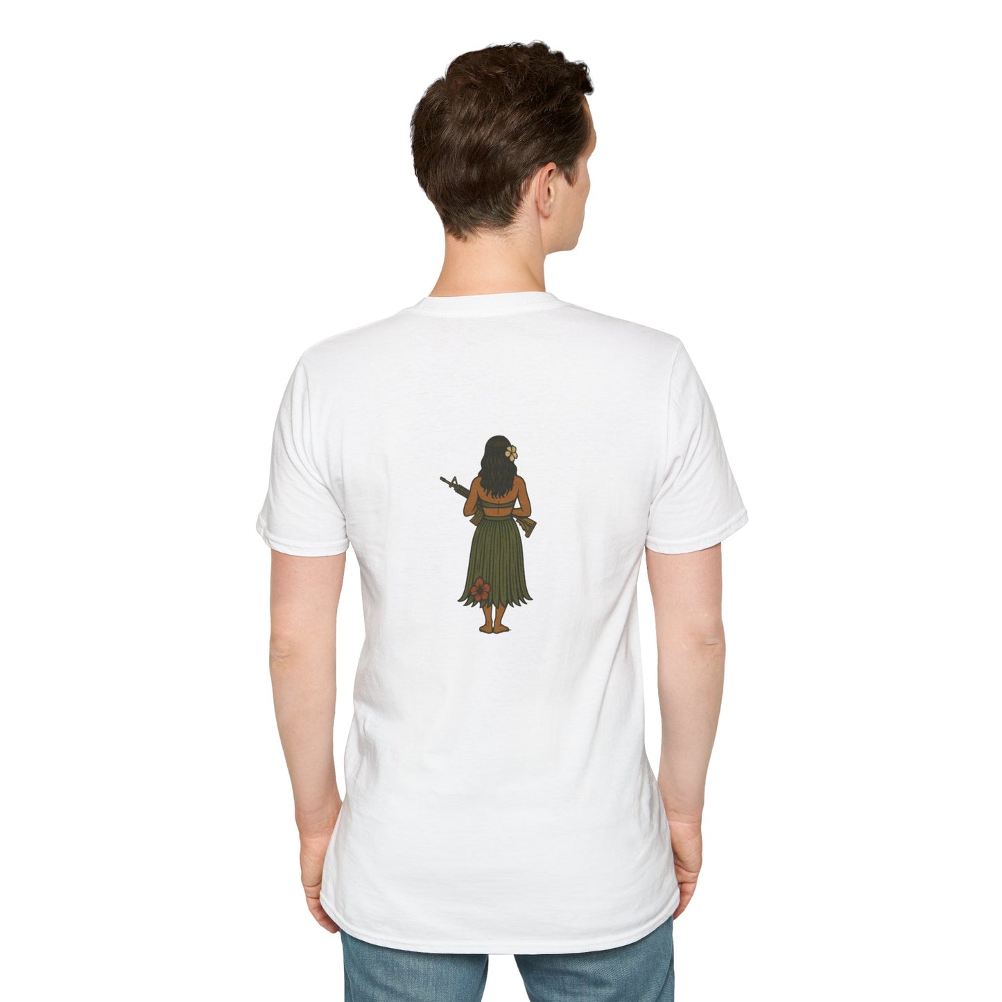 2-sided, Hula Girl Packin' Heat Light colors Unisex T-Shirt by theGreenDragonTavern.shop