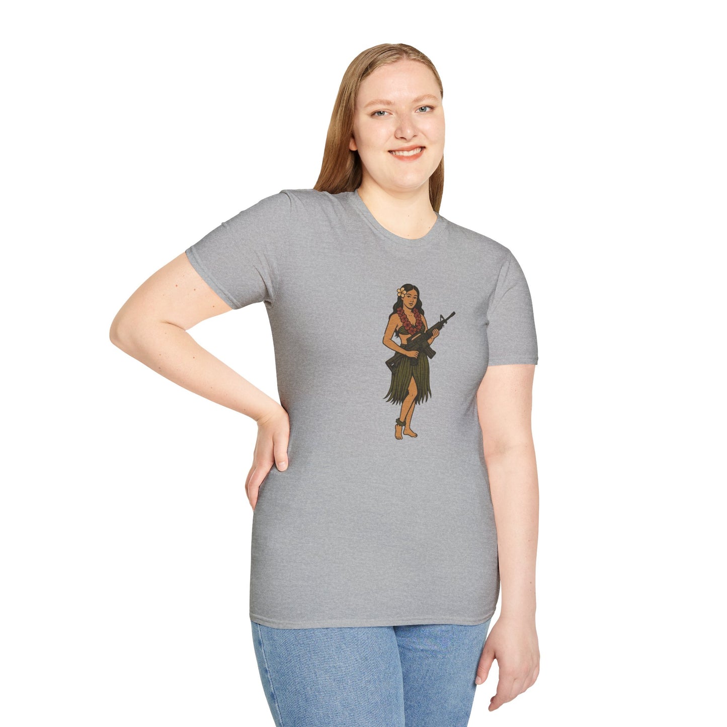 Hula Girl Packin' Heat Light colors Unisex T-Shirt by theGreenDragonTavern.shop