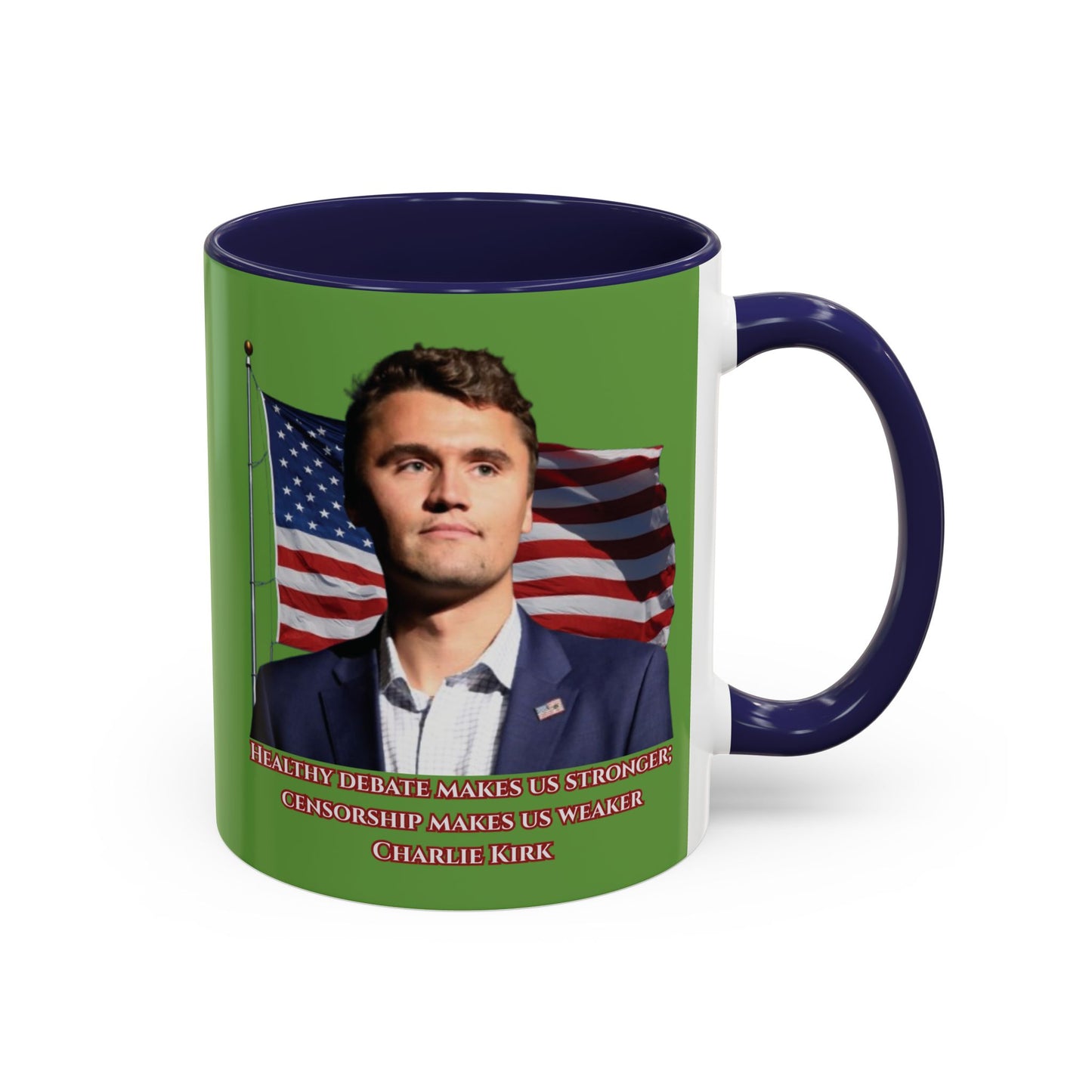 Charlie Kirk, Healthy Debate Green Accent Mug by theGreenDragonTavern.shop