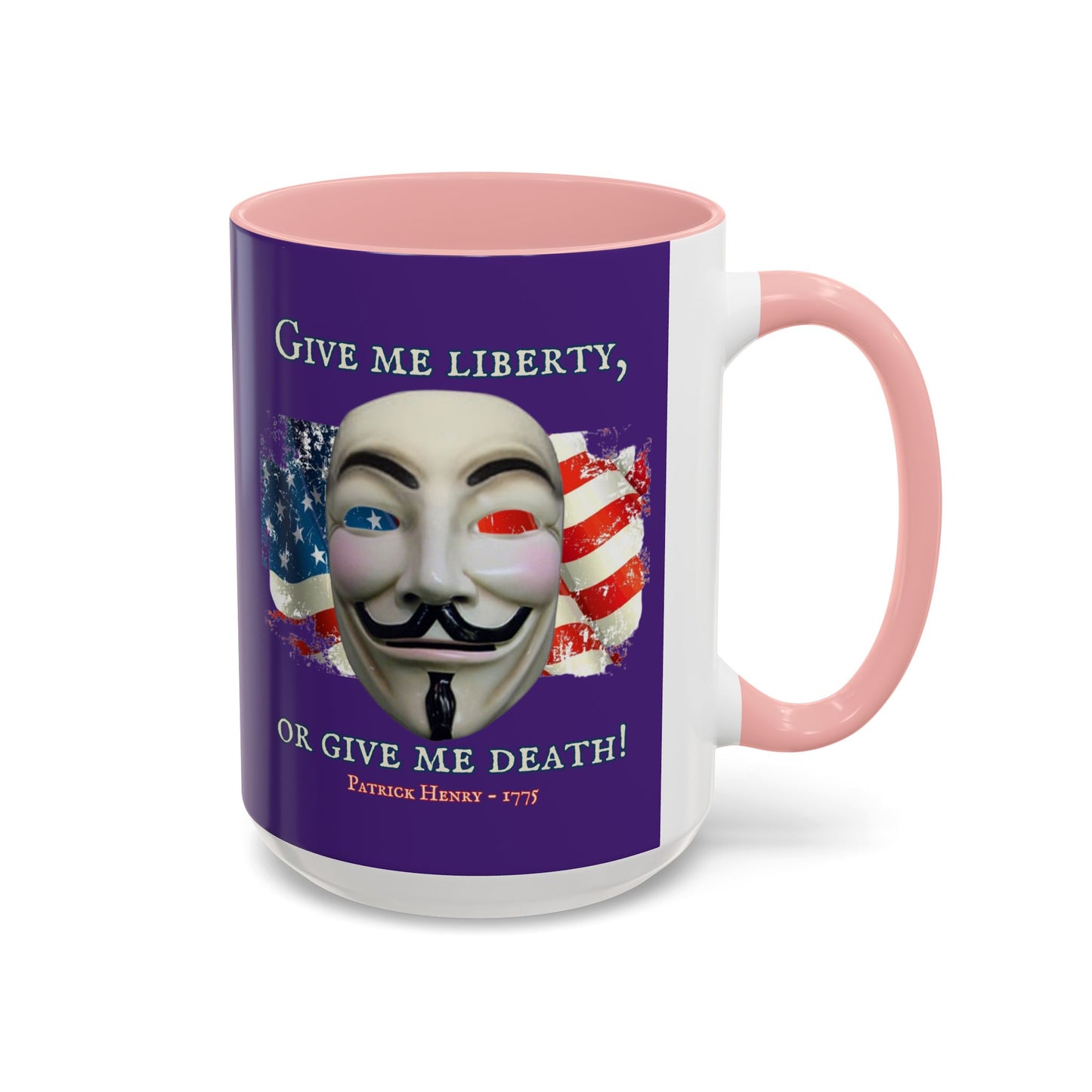 Vendetta, "Give me liberty, or give me death!" Purple Accent Mug by theGreenDragonTavern.shop