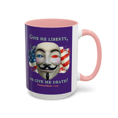 Vendetta, "Give me liberty, or give me death!" Purple Accent Mug by theGreenDragonTavern.shop