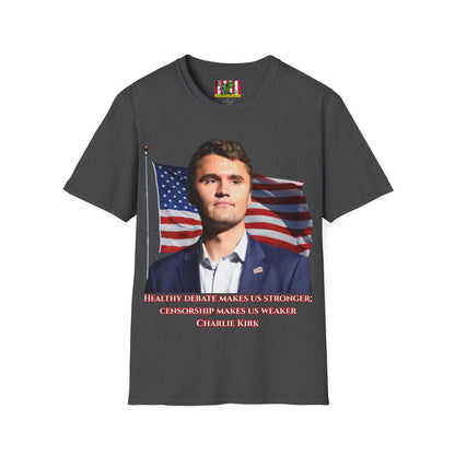 Charlie Kirk, Healthy Debate Dark colors Unisex T-Shirt by theGreenDragonTavern.shop
