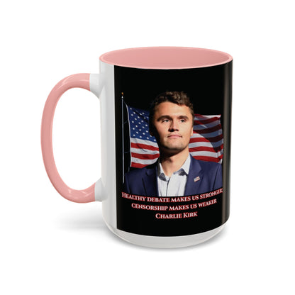 Charlie Kirk, Healthy Debate Black Accent Mug by theGreenDragonTavern.shop