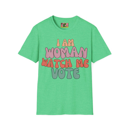 2-sided, I Am Woman Watch Me Vote Dark colors Unisex T-Shirt by theGreenDragonTavern.shop