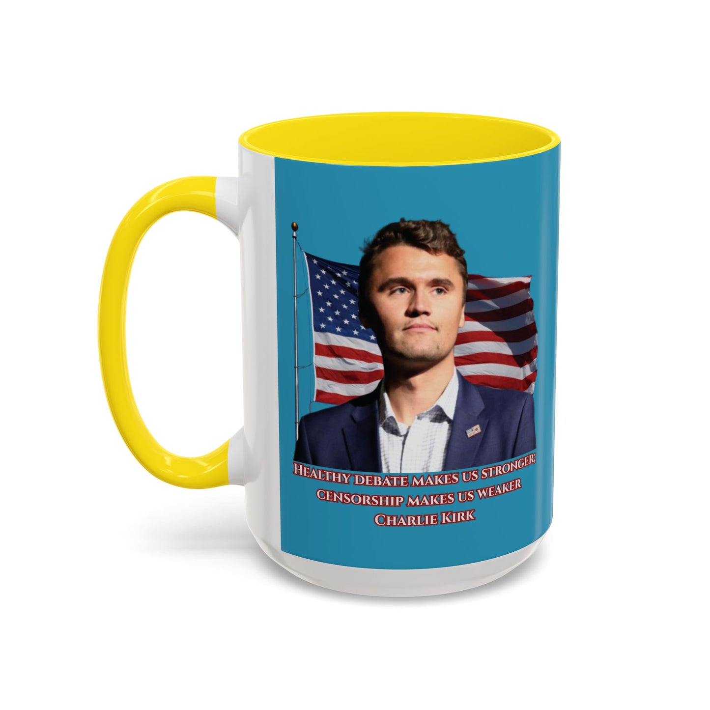 Charlie Kirk, Healthy Debate Turquoise Accent Mug by theGreenDragonTavern.shop