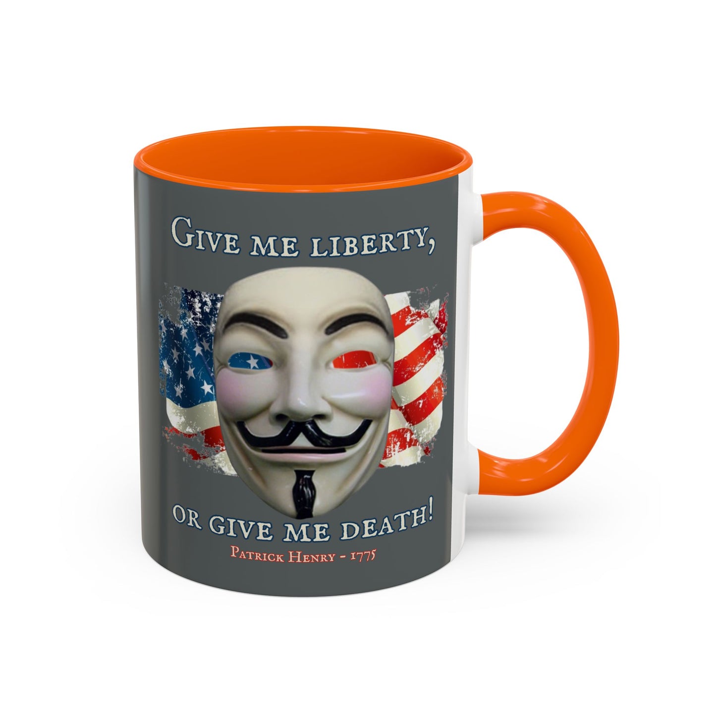 Vendetta, "Give me liberty, or give me death!" Grey Accent Mug by theGreenDragonTavern.shop