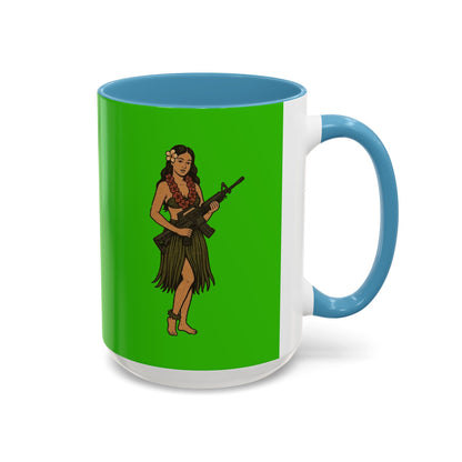 Hula Girl Packin' Heat Light Green Accent Mug by theGreenDragonTavern.shop