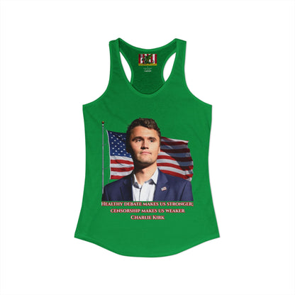 Charlie Kirk, Healthy Debate Women's Racerback Tank Top by theGreenDragonTavern.shop