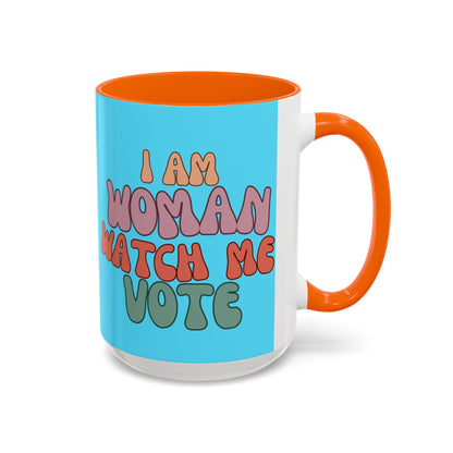 I Am Woman Watch Me Vote Light Blue Accent Mug by theGreenDragonTavern.shop