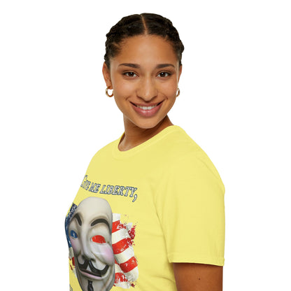 Vendetta, "Give me liberty, or give me death!" Light colors Unisex T-Shirt by theGreenDragonTavern.shop