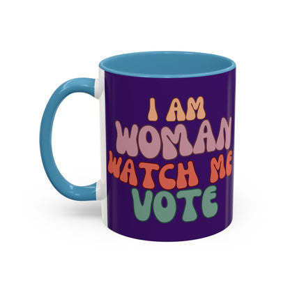 I Am Woman Watch Me Vote Dark Purple Accent Mug by theGreenDragonTavern.shop