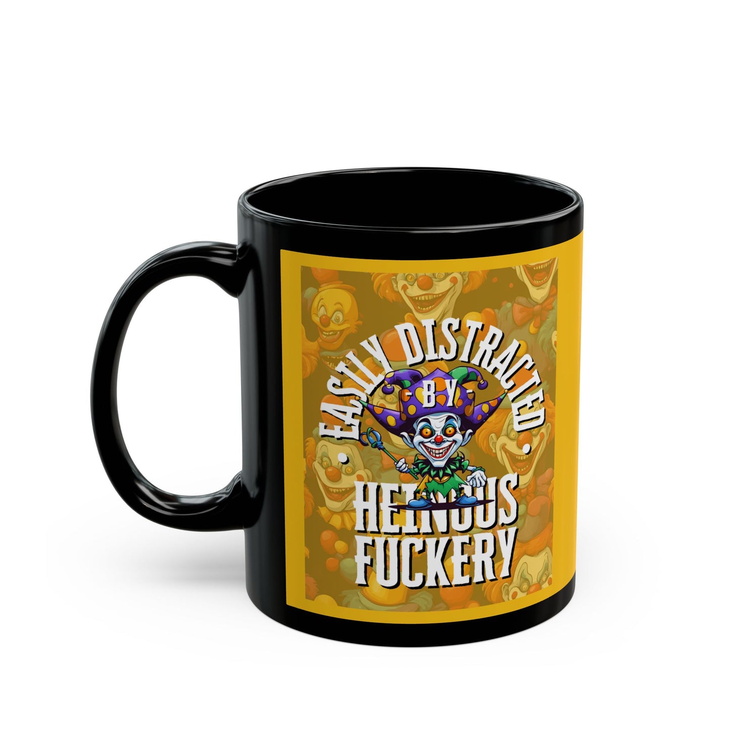 Easily Distracted by Heinous Fuckery Little Jincs Yellow Mug by theGreenDragonTavern.shop