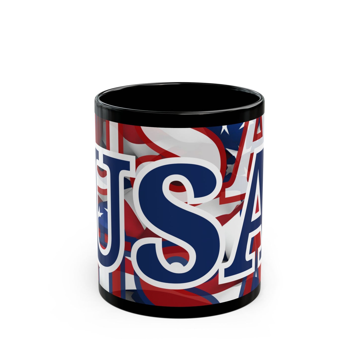 USA! USA! USA Blue font Patriot Black Mug by theGreenDragonTavern.shop