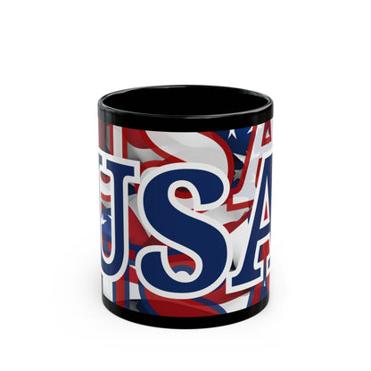 USA! USA! USA Blue font Patriot Black Mug by theGreenDragonTavern.shop
