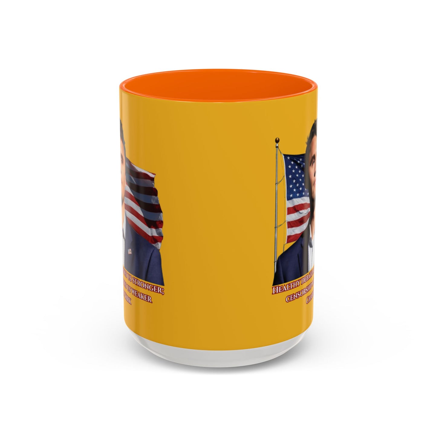 Charlie Kirk, Healthy Debate Yellow Accent Mug by theGreenDragonTavern.shop