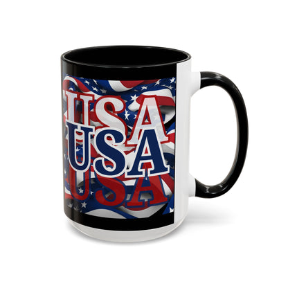 USA Blue font Center Patriot Black Accent Mug by theGreenDragonTavern.shop