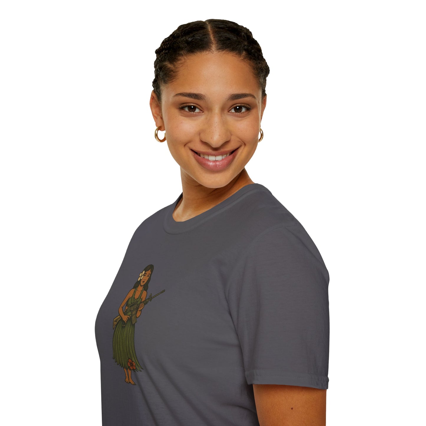 2-sided, Hula Girl Packin' Heat Dark colors Unisex T-Shirt by theGreenDragonTavern.shop