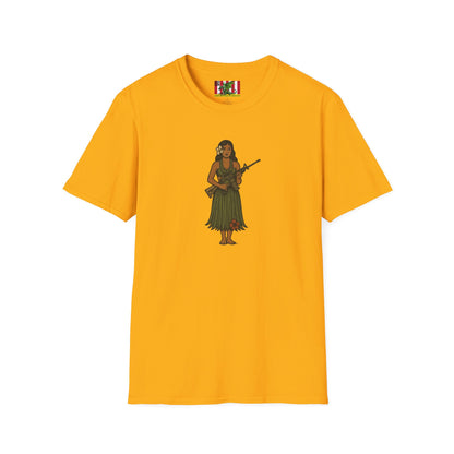 2-sided, Hula Girl Packin' Heat Light colors Unisex T-Shirt by theGreenDragonTavern.shop