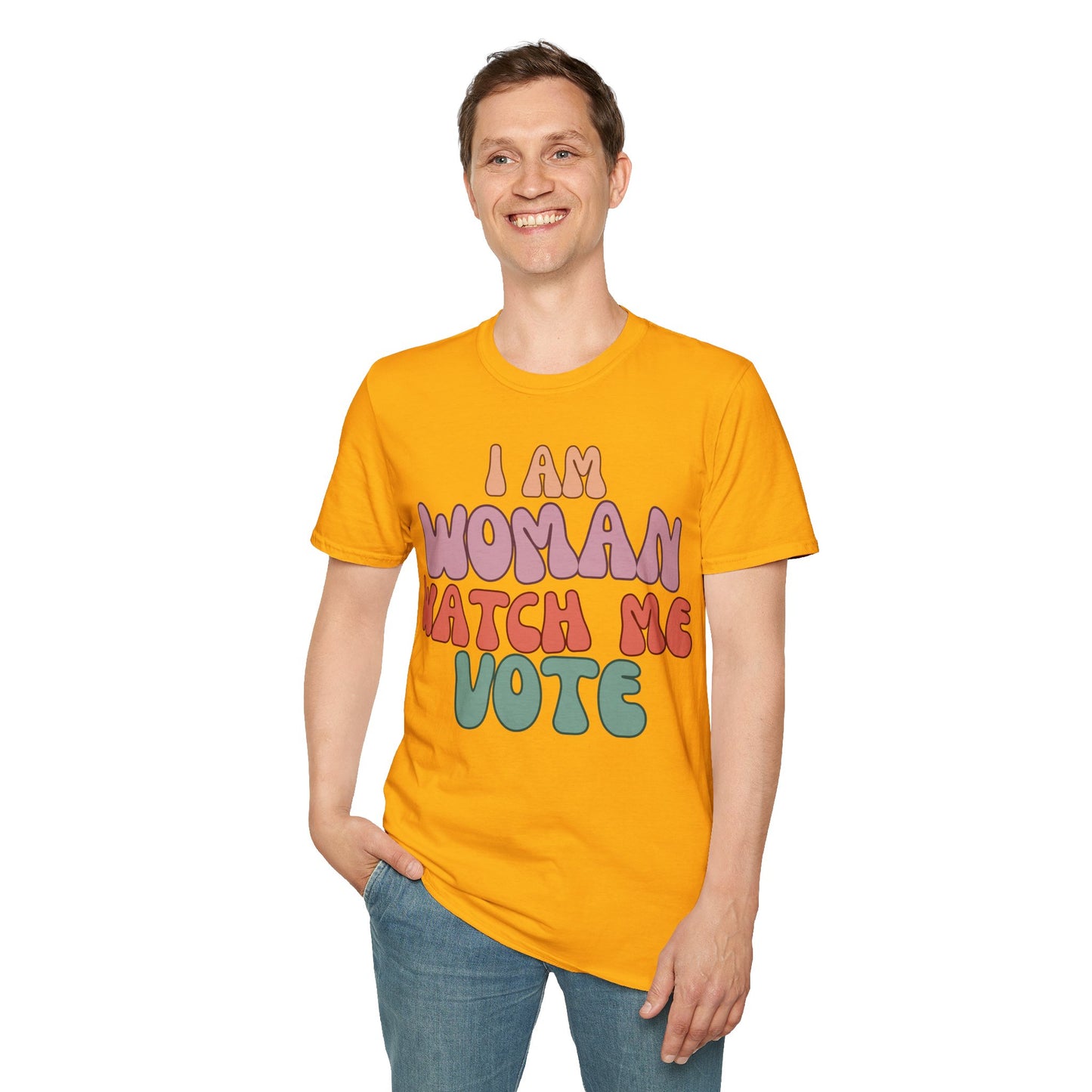 2-sided I Am Woman Watch Me Vote LTcolors Unisex T-Shirt by theGreenDragonTavern.shop