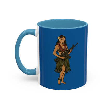Hula Girl Packin' Heat Dark Blue Accent Mug by theGreenDragonTavern.shop