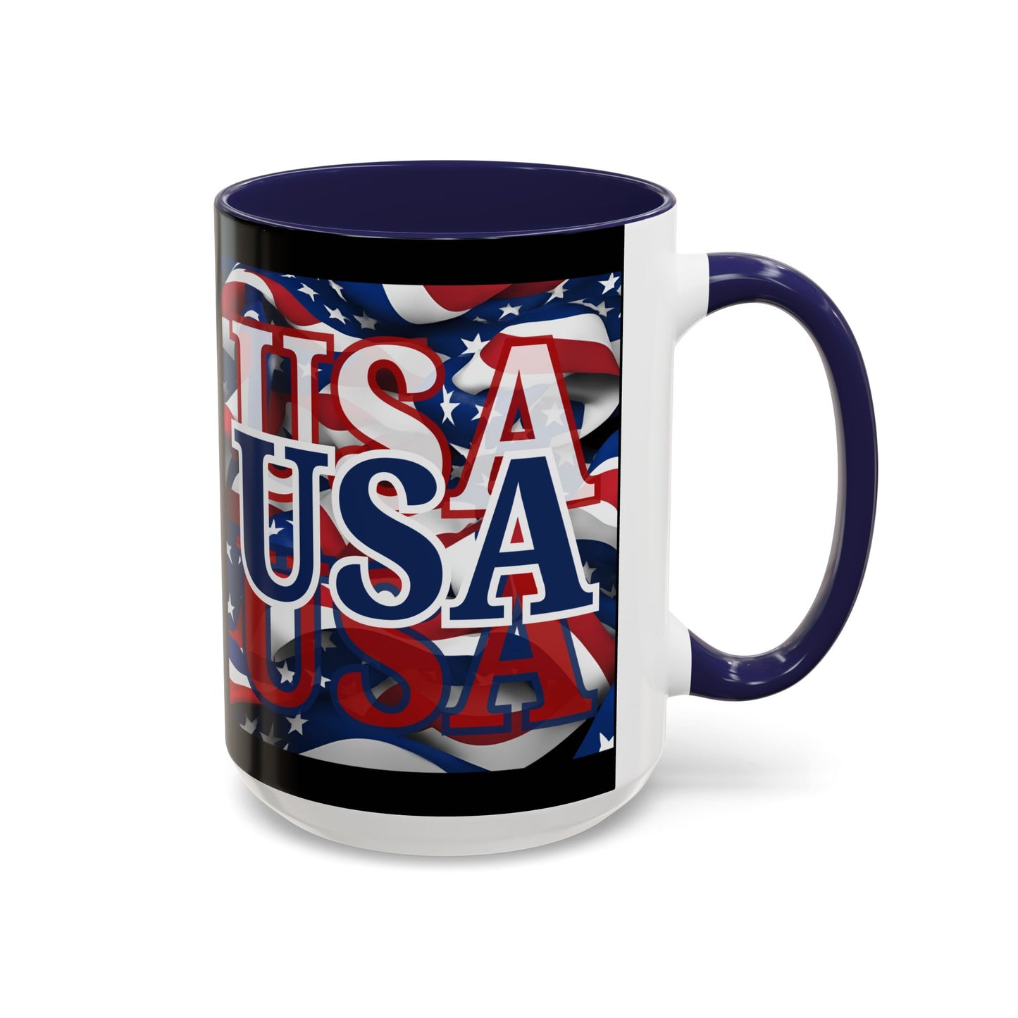 USA Blue font Center Patriot Black Accent Mug by theGreenDragonTavern.shop