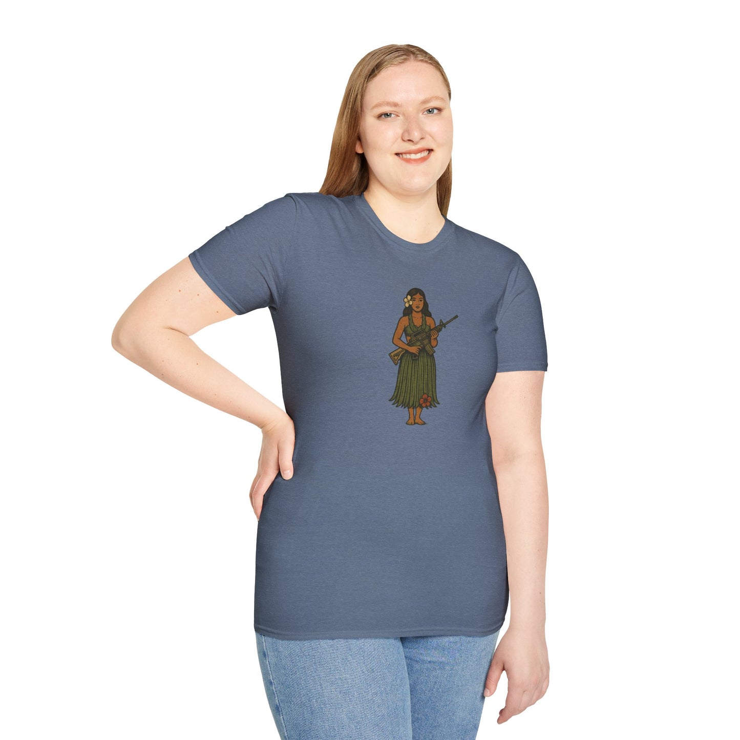 2-sided, Hula Girl Packin' Heat Dark colors Unisex T-Shirt by theGreenDragonTavern.shop